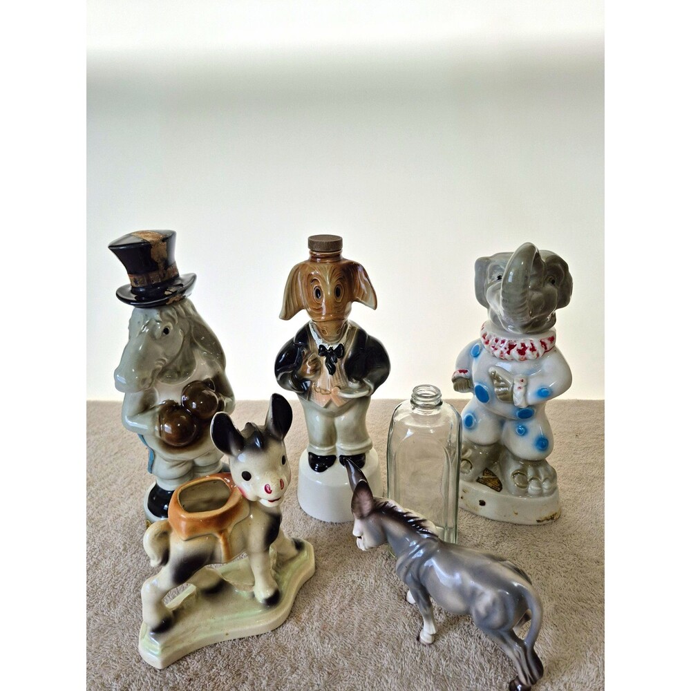 Vintage Ceramic & Porcelain Animal Figurines Lot w/ Liquor Decanters Multicolor